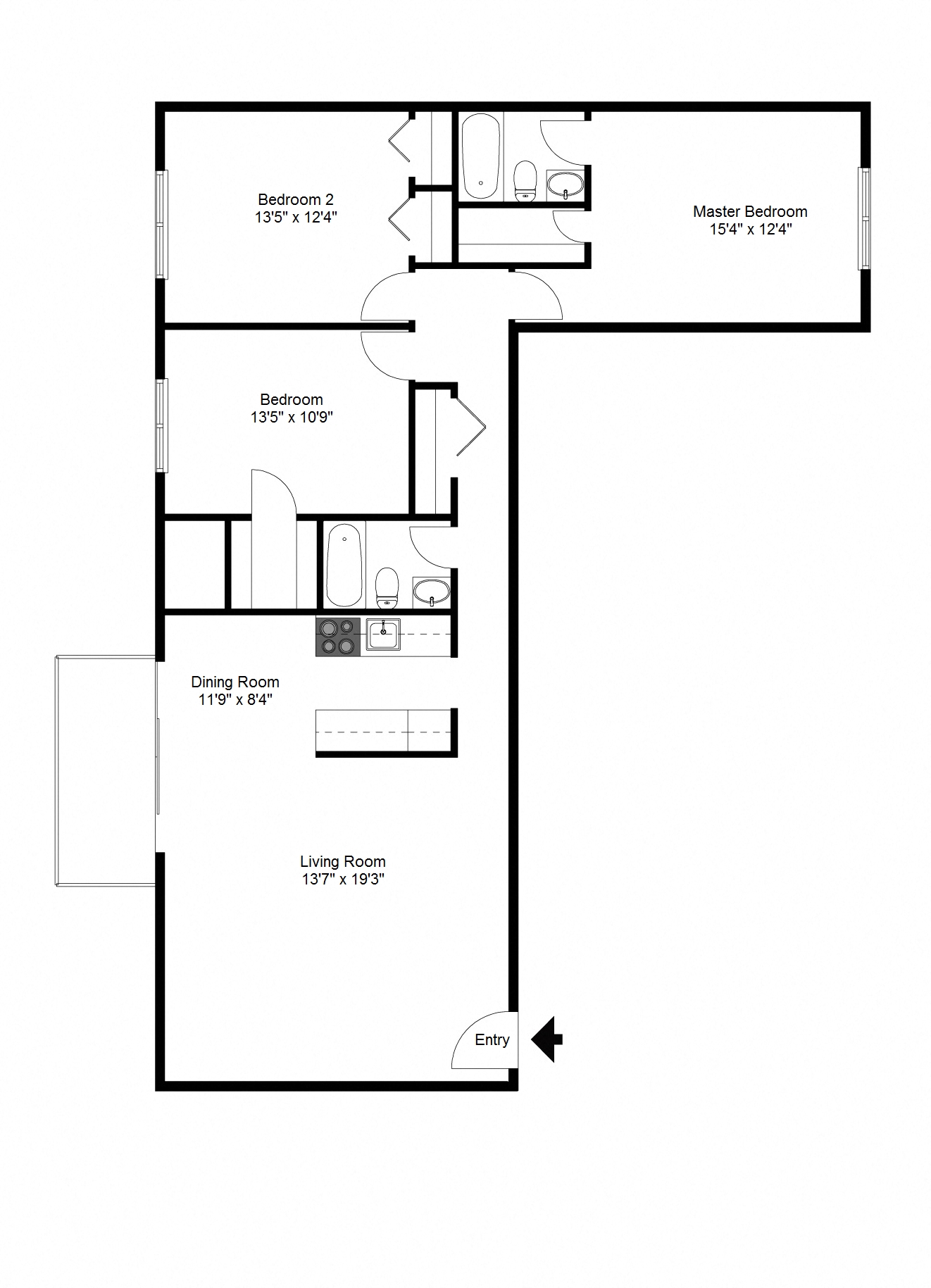 Floor plan for 3 beds, 2 baths, 1300 sqft